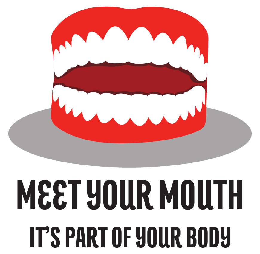 A red and white cartoon mouth with teeth