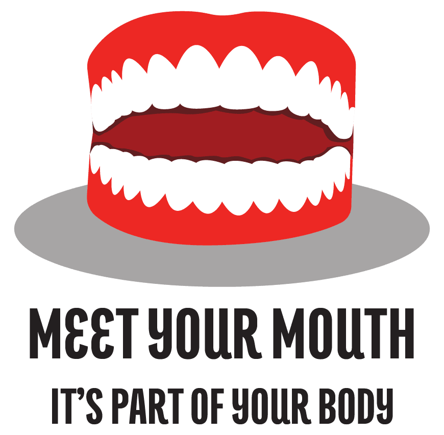 A red and white cartoon mouth with teeth