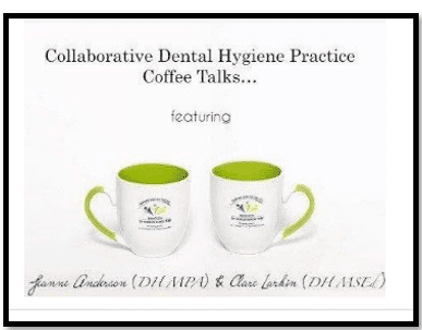 A white and green coffee mug with the words collaborative dental hygiene practice coffee talks.