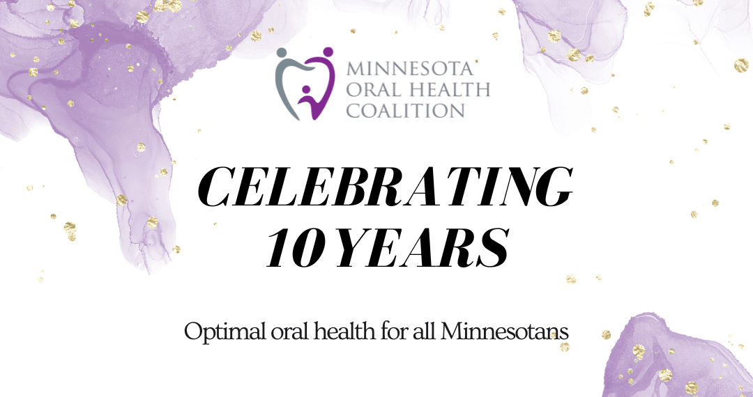 Main Graphic - All Events cropped A purple and white banner with the words minnesota oral health coalition celebrating 1 0 years.